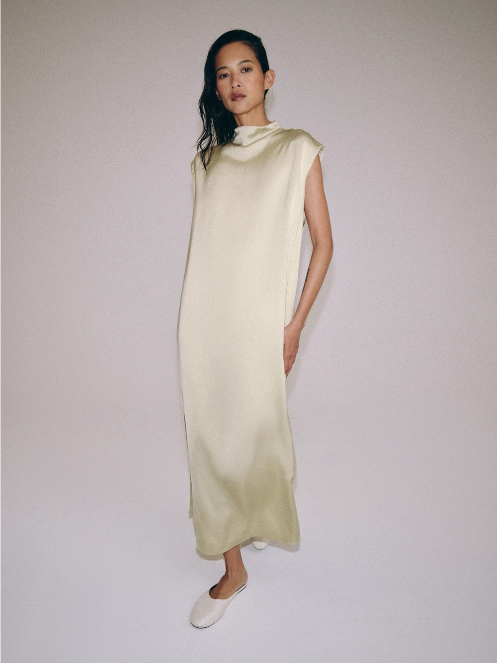 ZW Collection Zara Sleeveless Satin Maxi Dress frog fastening  in sea green POP